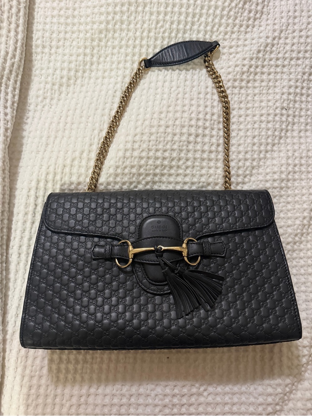 Gucci Microguccissima Horsebit Chain Shoulder Bag Black Leather Emily